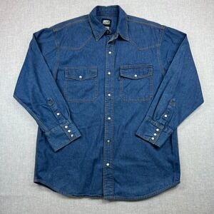 Key Denim Western Pearl Snap Shirt Men L/XL Blue Long Sleeve Cowboy Workwear